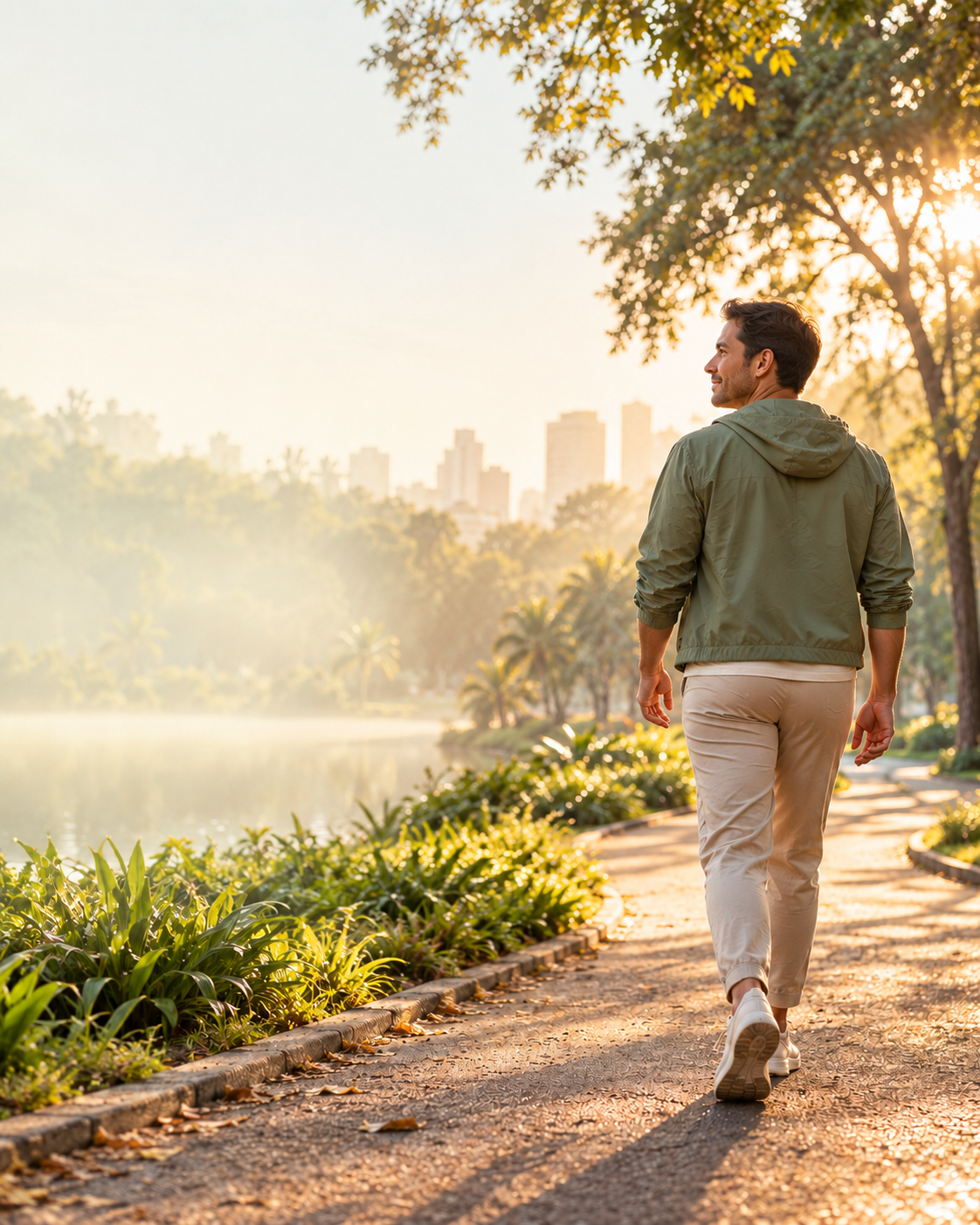 Homem caminhando num parque ao nascer do sol
